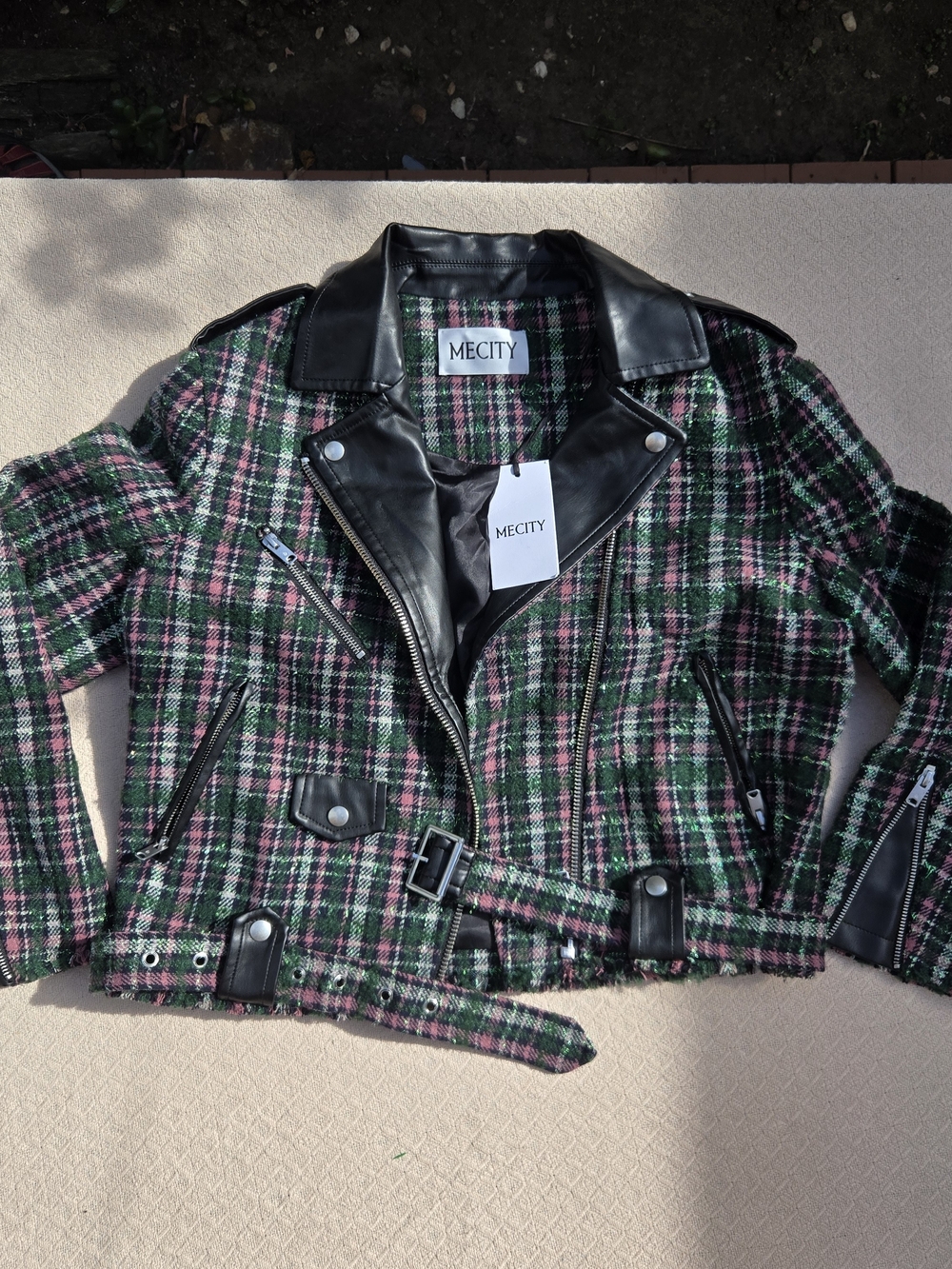 Pink & Green Tweed Moto Jacket with Black Trim